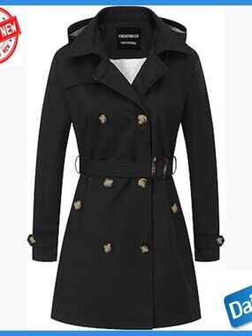 Slim Fit Trench Coat with Detachable Hood, Waterproof Polyester, Mid-Length